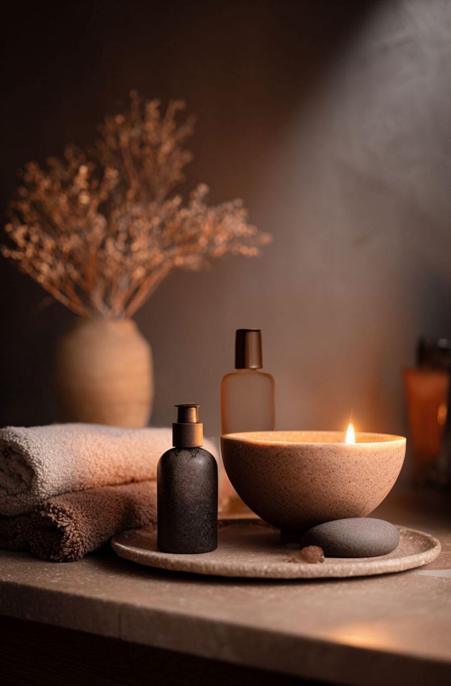 Eine brennende Kerze und Kosmetikflaschen schaffen eine entspannende Atmosphäre im Kosmetikstudio.